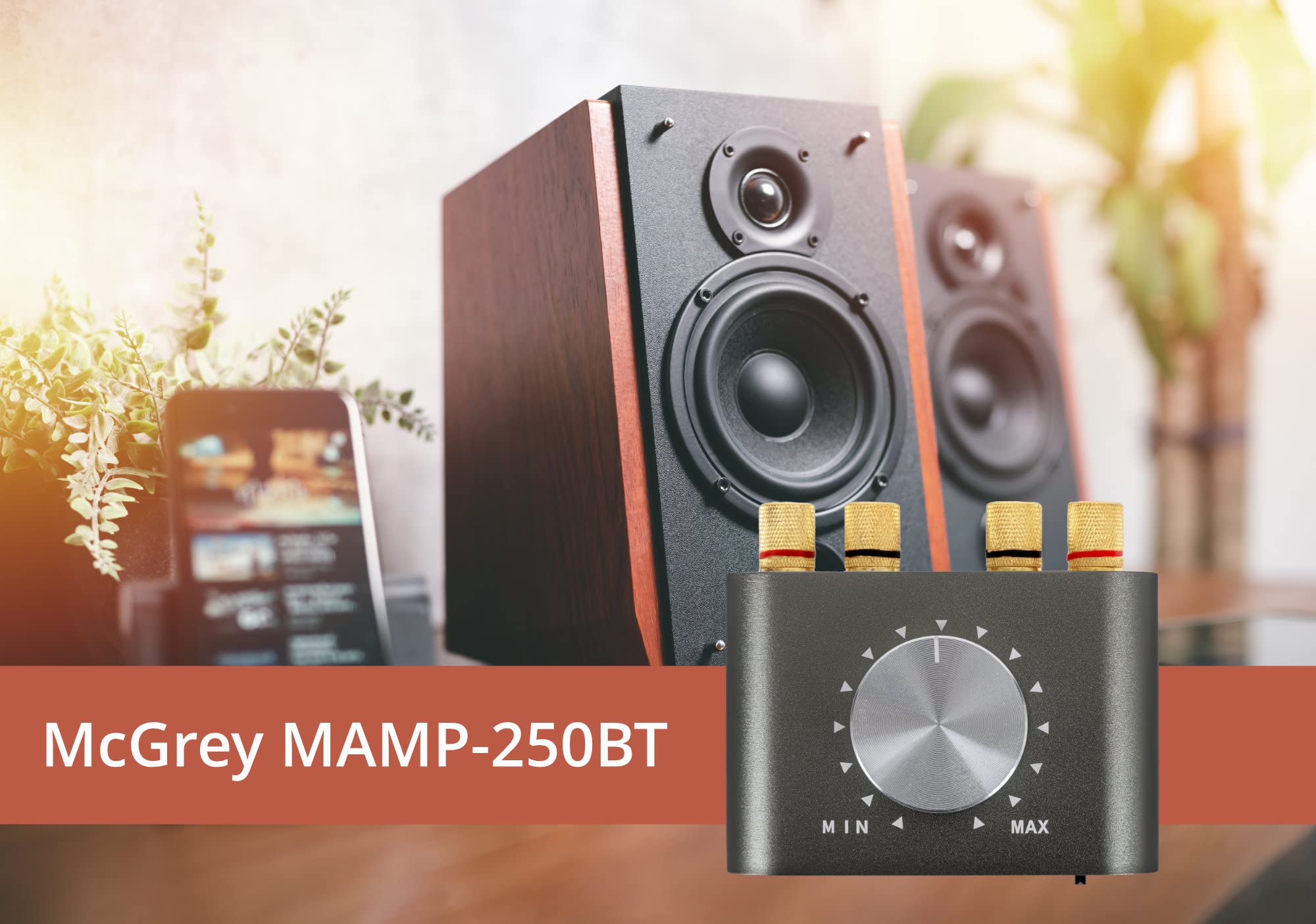 McGrey MAMP-250BT Mini Amplificatore Hi-Fi 100 Watt, Contatti placcati oro | Ricevitore Bluetooth 5.0, Ingresso AUX (mini-jack stereo), Uscite con morsetti a vite per cavi nudi o banana plug