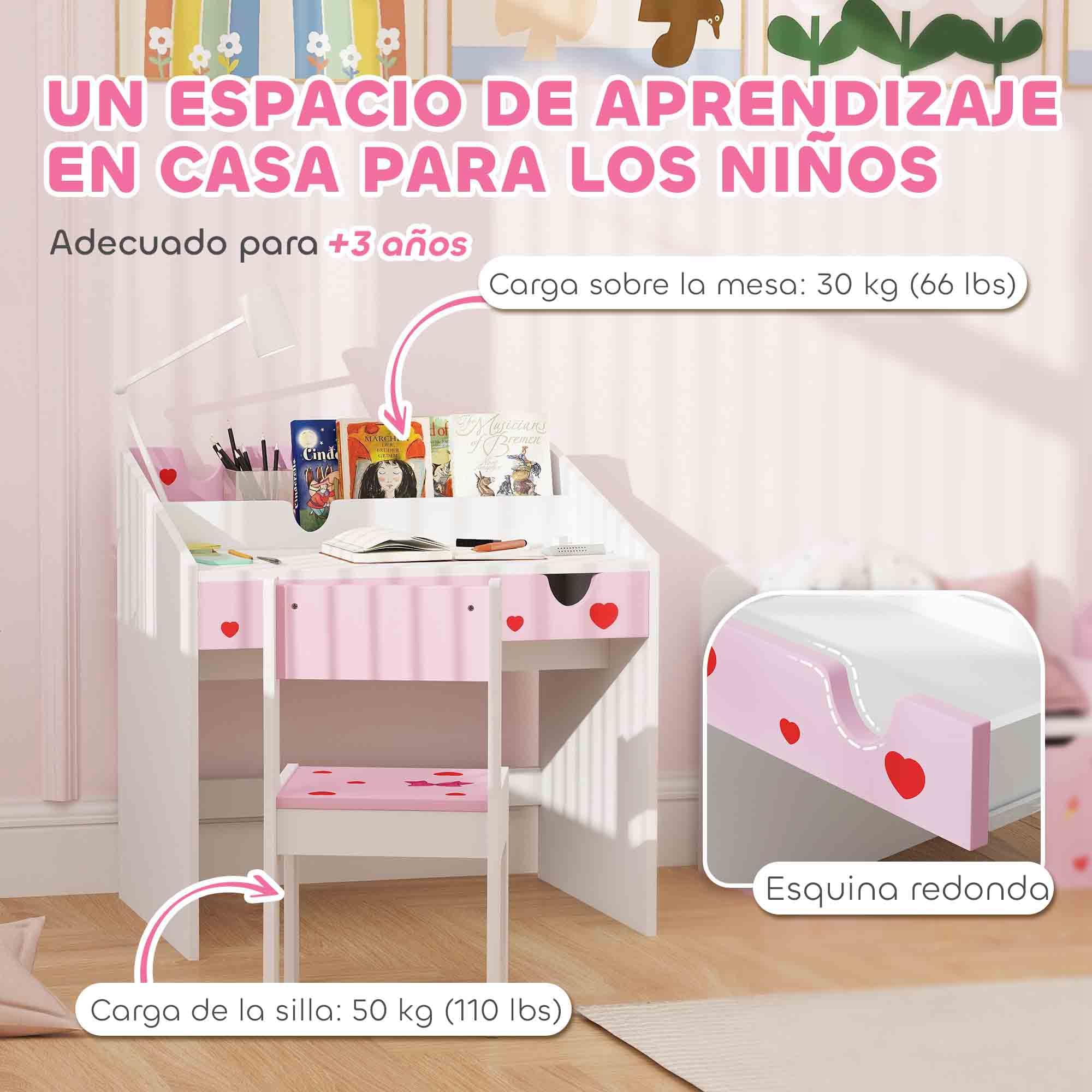 AIYAPLAY Set di scrivania e sedia per bambini +3 anni Scrivania per bambini con cassetto estraibile e scomparto per la camera da letto e la sala studio Rosa e bianco
