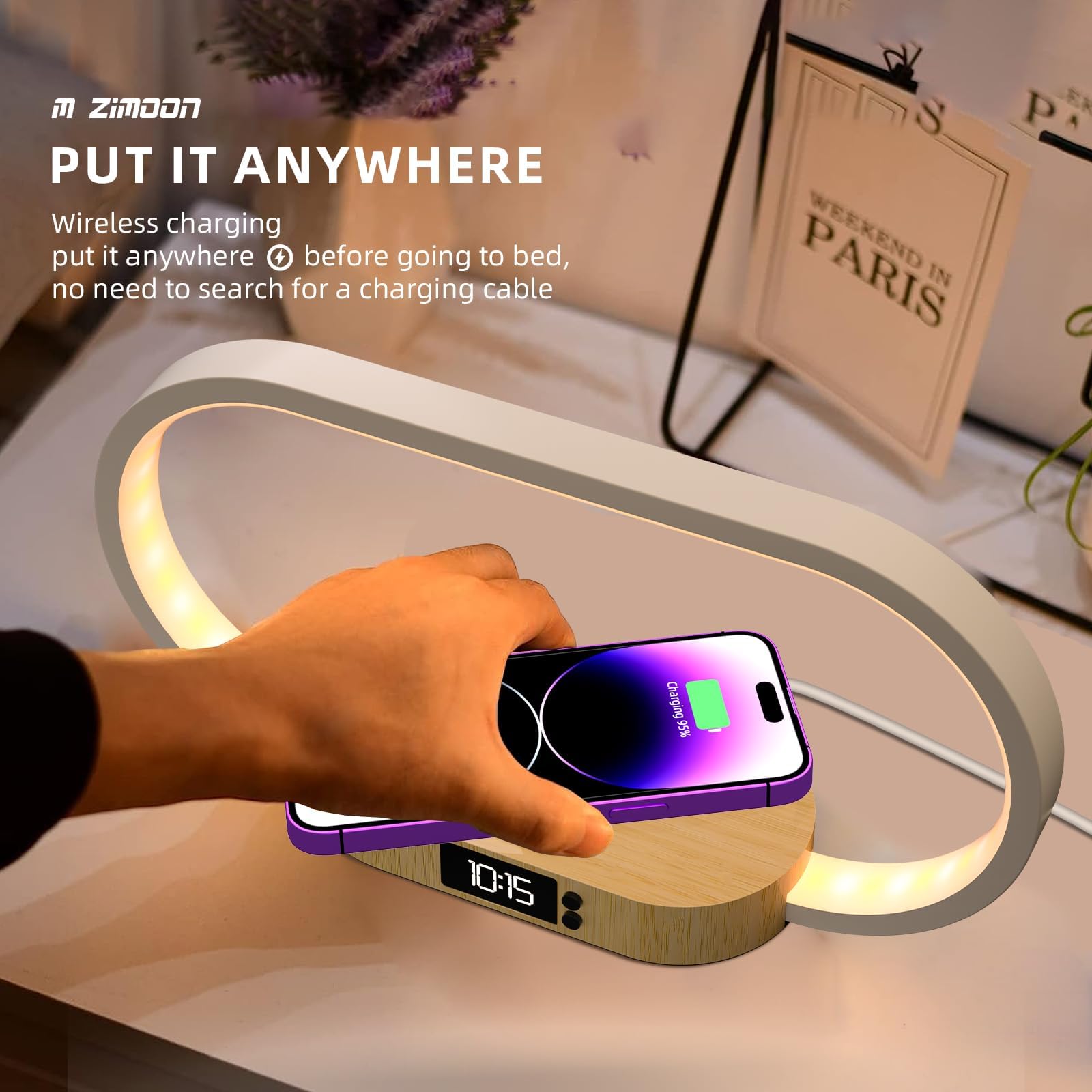 m zimoon Lampada da comodino con caricabatterie wireless veloce, lampada da camera da letto con orologio, lampade da tavolo per comodino, lampade touch per camera da letto, 3 modalità colore