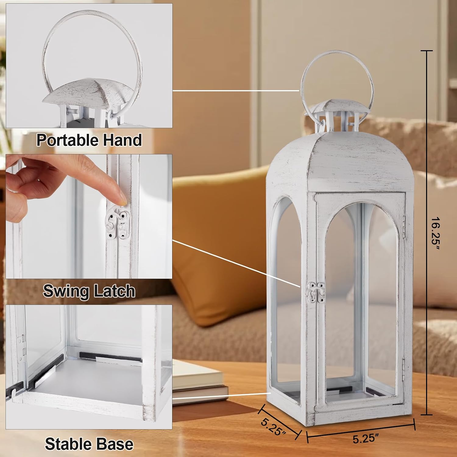 lantern decorative indoor & outdoor, large hanging candle lanterns, metal decorative candle lanterns, waterproof hanging lantern for porch patio wedding home (white)