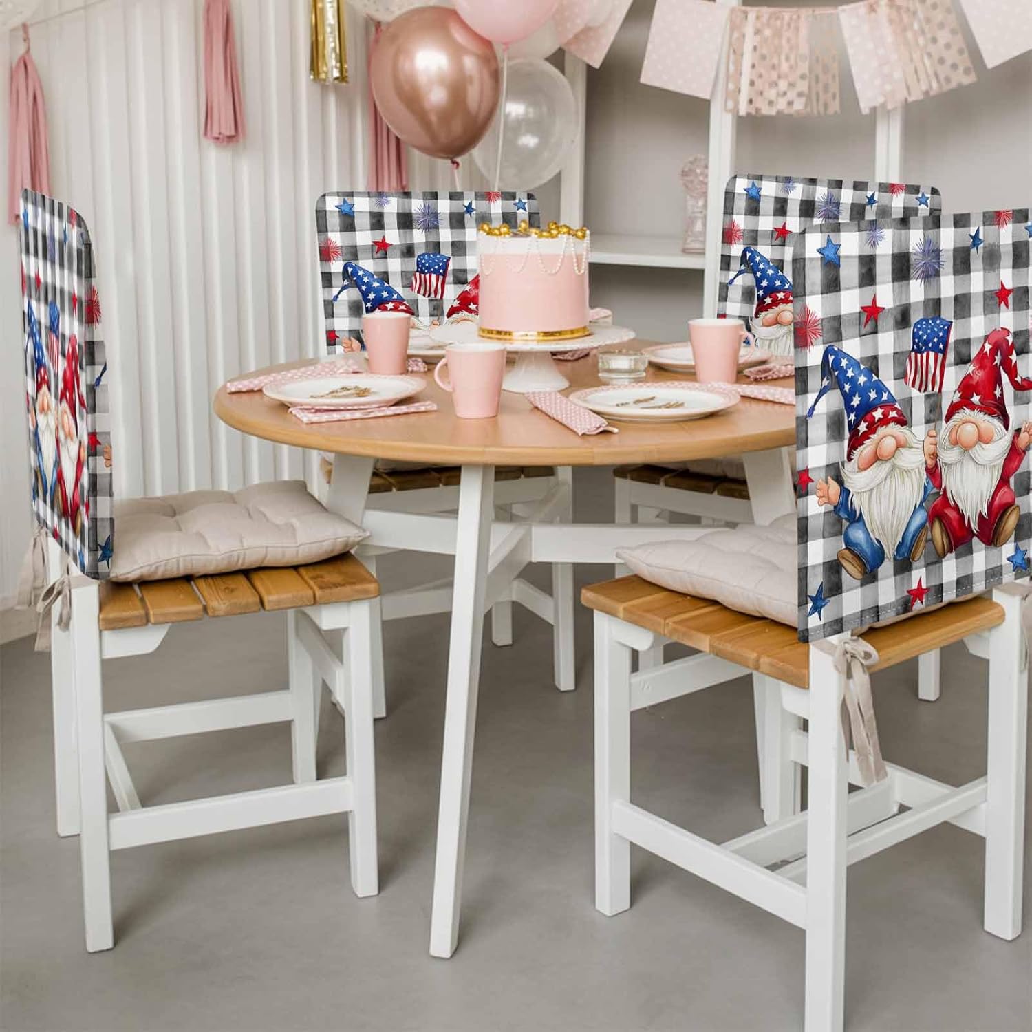 4th of July Gnomes Chair Back Covers Set of 4, Dining Back Chair Cover Removable Washable Back Slipcovers, Star Independence Day Black Plaid Kitchen ChairProtector for Wedding Party Housewarming