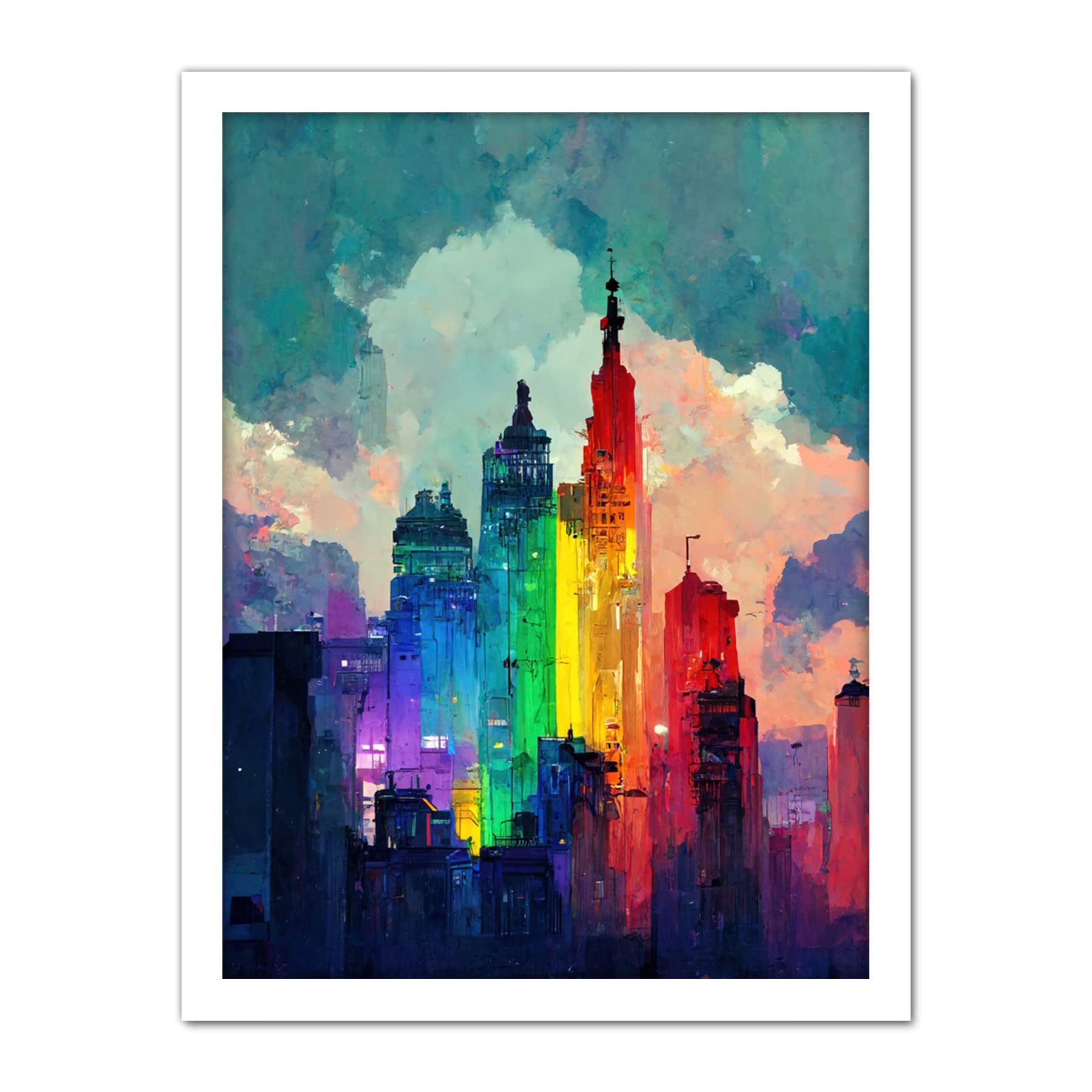 Wee Blue Coo Rainbow Skyscrapers Skyline Cityscape Abstract Multicoloured Painting Artwork Framed Wall Art Print 18X24 Inch
