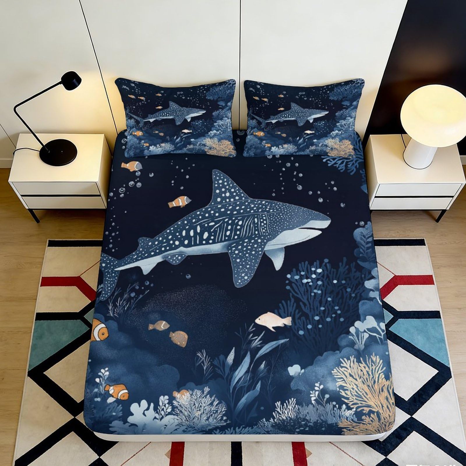 3D Printed Ocean Whale Shark Fitted Sheet Microfiber Navy Blue Coral Mattress Cover Bedroom Dorm Mattress Protection Decor 120x200x25cm