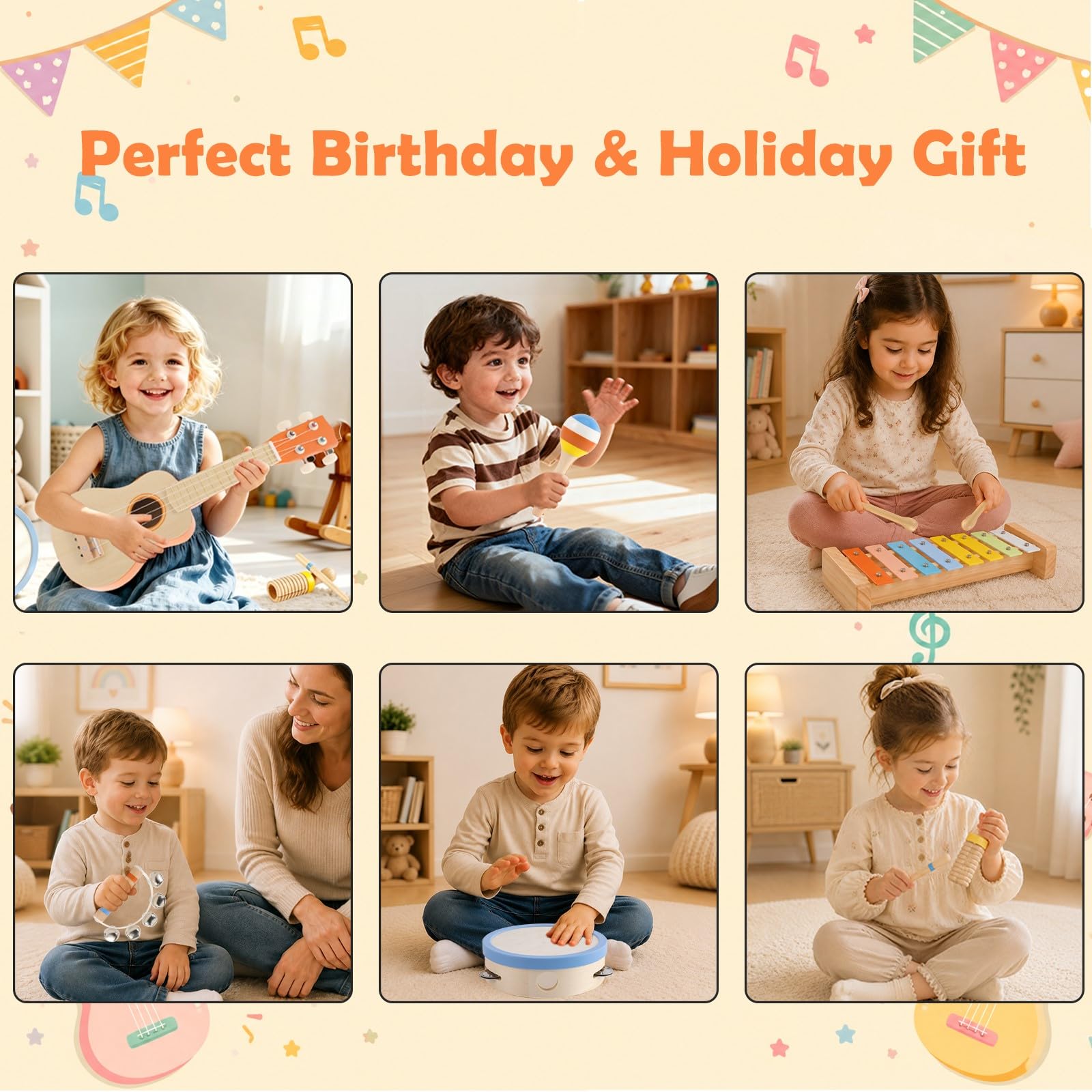 Montessori zestaw gitarowy dla dzieci, 6 w 1, drewniane instrumenty muzyczne dla małych dzieci w wieku od 2 do 3 lat, z ukulele, ksylofonem, tamburynem i marakasami, na urodziny dzieci od 2 lat