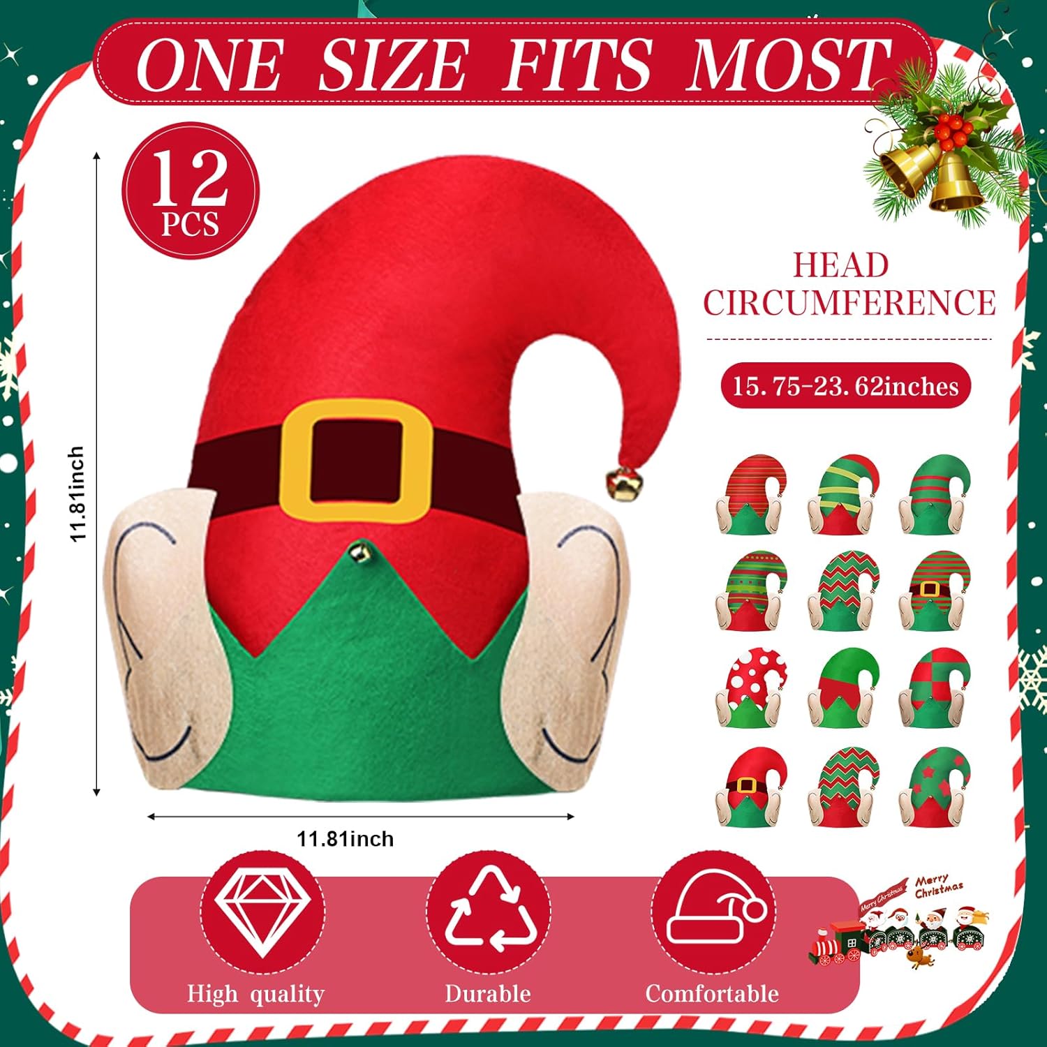 Christmas Elf Hats with Ears Holiday Elf Santa Hat with Bell Xmas Elves Accessories for Party Decoration