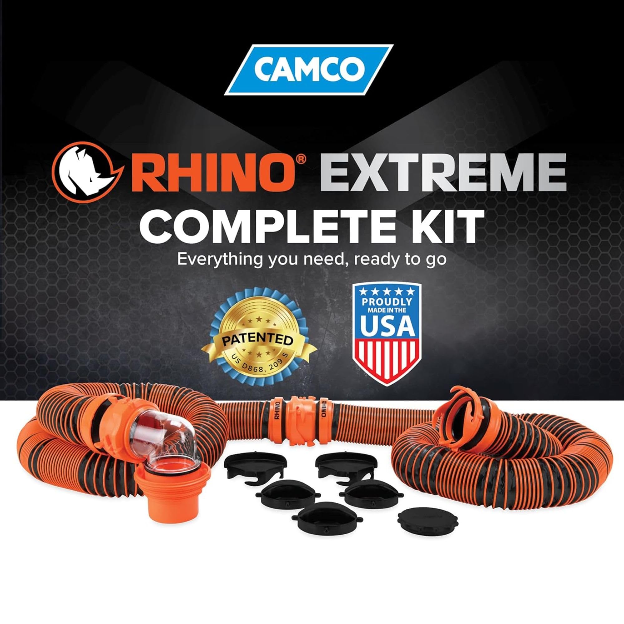 Camco Rhino Extreme 21012 Wohnmobil-Abwasserschlauch-Set, knautschfeste TPE-Technologie, Drehverschraubungen für sichere Verbindung, robuster Abwasserschlauch für Wohnmobil-WC (21012)