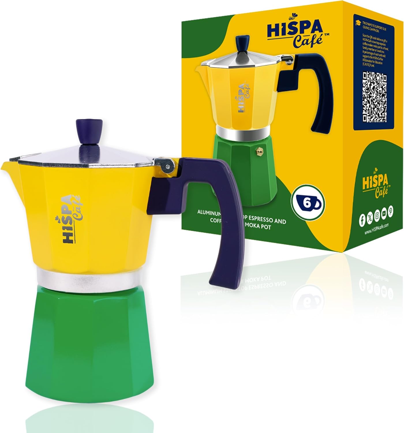 Stovetop Espresso Coffee Maker Moka Pot, 6 Espresso Cups (10.14 oz.), Aluminum, Silver, Green, Blue and Yellow, Brazil Themed, Cafeteira, Cafetera