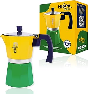 HISPA Café Stovetop Espresso Coffee Maker Moka Pot, 6 Espresso Cups (10.14 oz.), Aluminum, Silver, Green, Blue and Yellow, Brazil Themed, Cafeteira, Cafetera