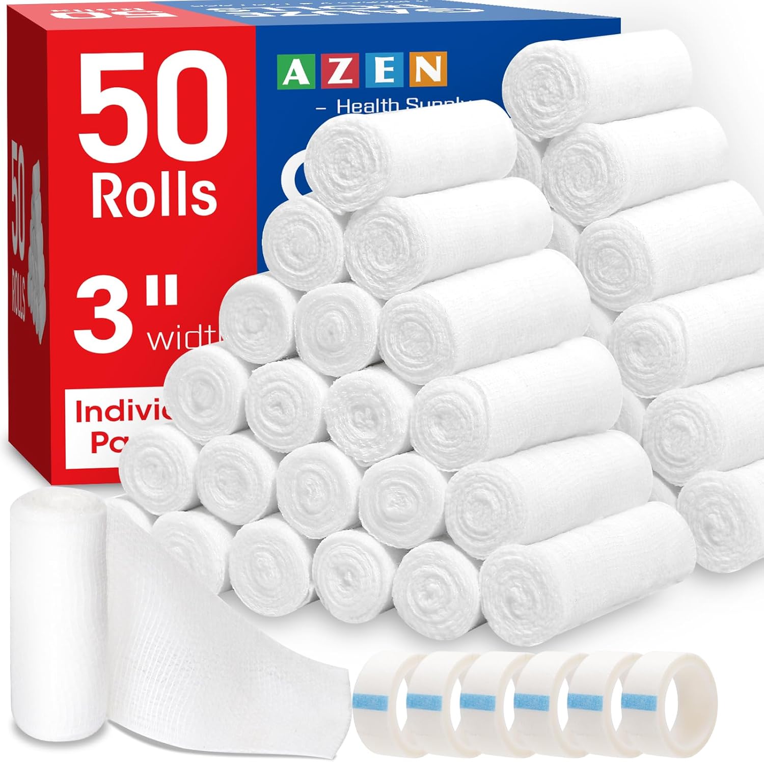 AZEN 50 Pack Gauze Rolls Bandages, 3 in x 4.1 Yards, Premium Medical Supplies