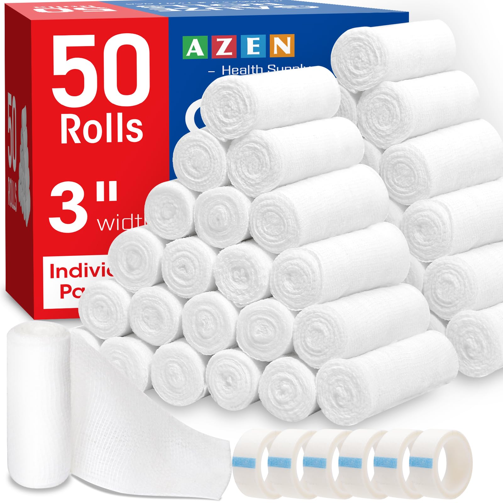 AZEN 50 Pack Gauze Rolls Bandages, 3 in x 4.1 Yards, Premium Medical Supplies &amp; First Aid Supplies, Bandage Wrap Vet Wrap