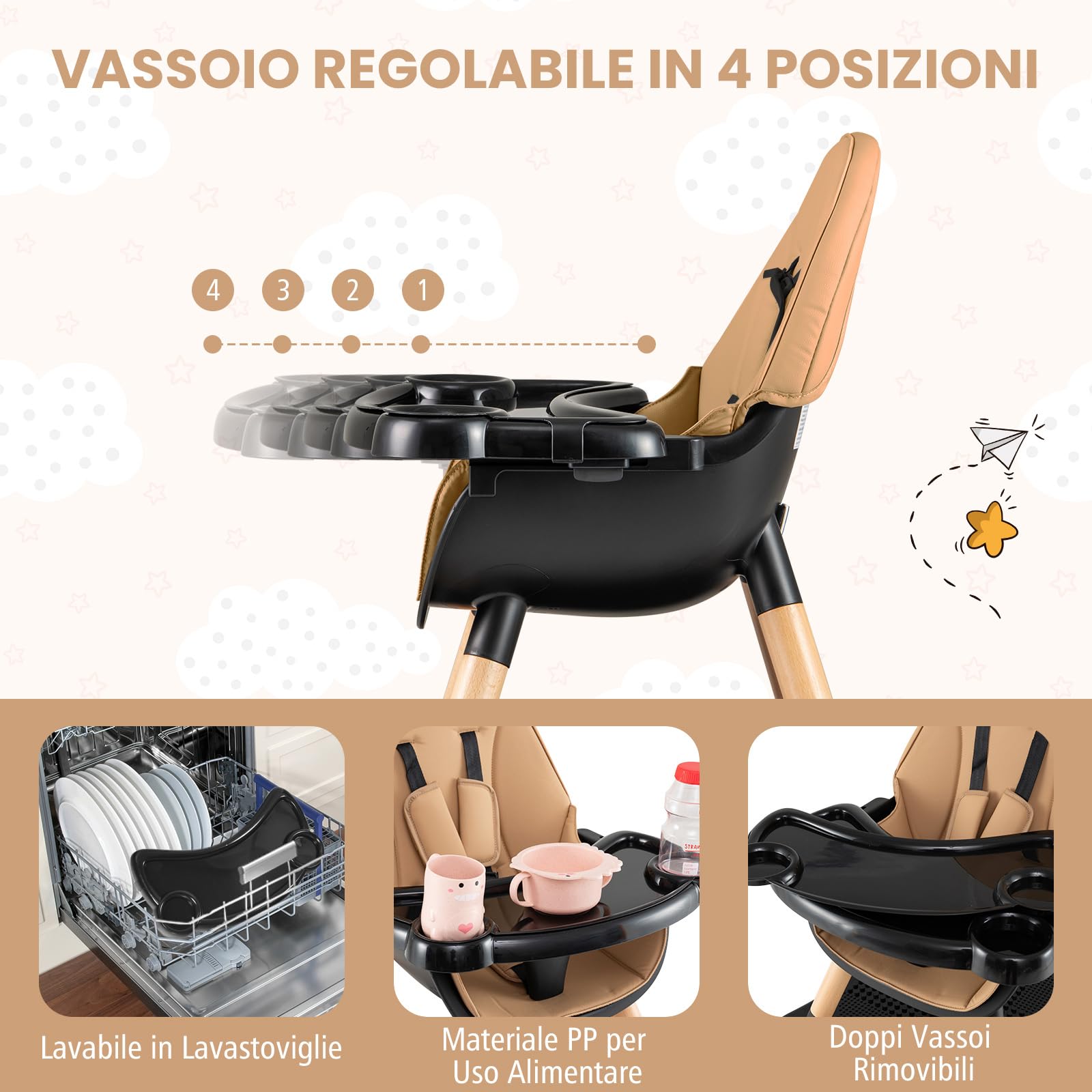 RELAX4LIFE 4 in 1 Seggiolone Pappa, Seggiolone Evolutivo con Vassoio Rimovibile e Cintura di Sicurezza, Altezza Regolabile in 4 Posizioni, per Bambini e Neonati 6-36 Mesi (Standard, Mocha)