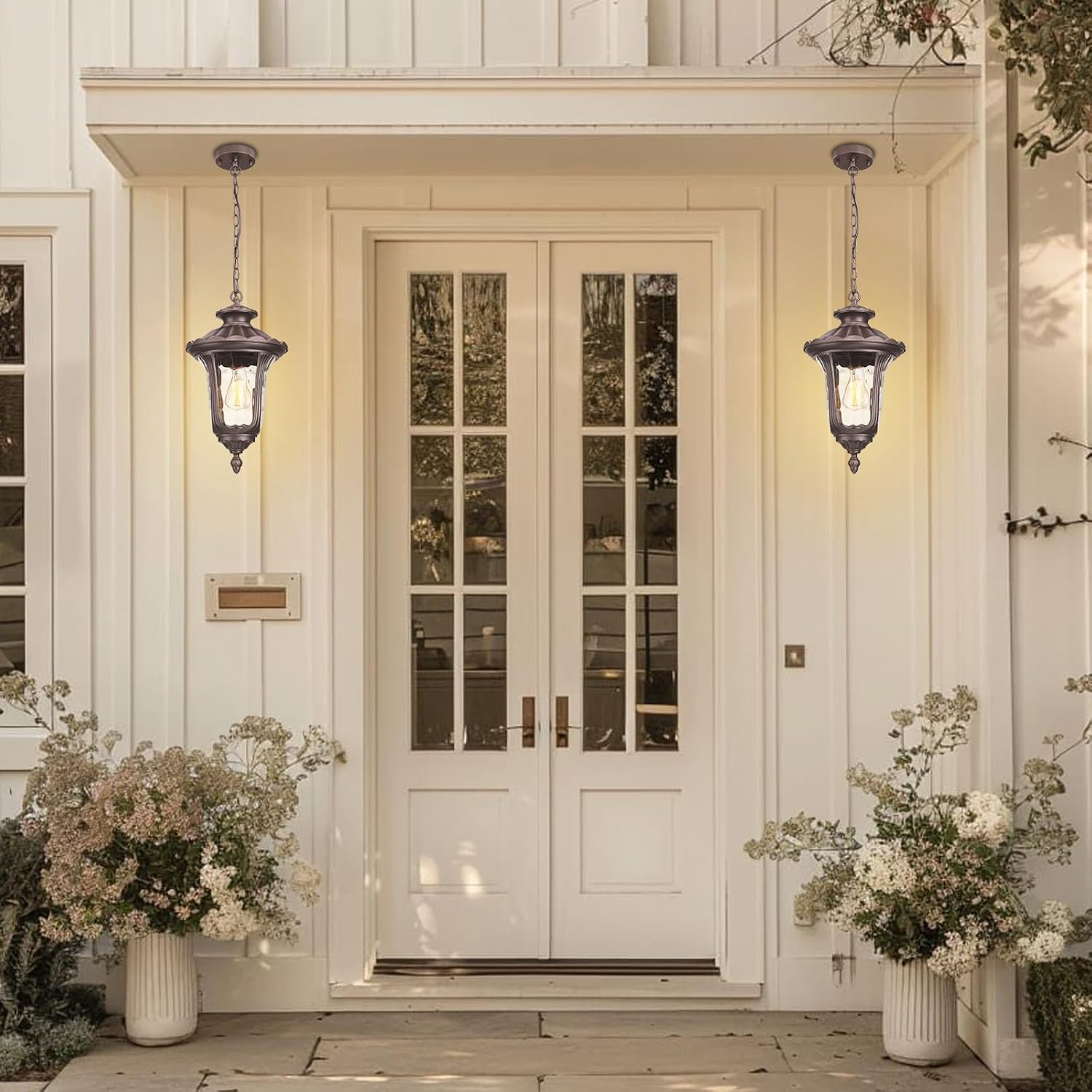 Dusk to Dawn Outdoor Pendant Light for Porch, 58'' Large Exterior Hanging Lantern Fixture Sensor Outdoor Chandelier in Black Finish for Entryway,Doorway,Farmhouse,Foyer, ORB