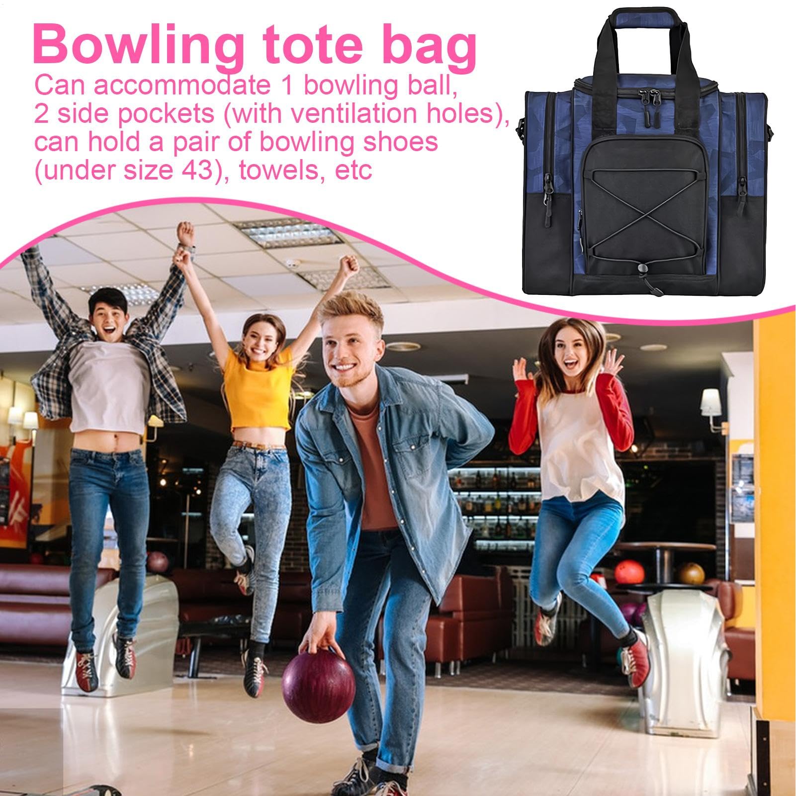 Bowling Tote Bag, Multifunctional Tote for 1 Ball, Adjustable Padded Handbag with Interior Belt, 14.37x9.45x12.8 Inches Fits Shoes and Towel, Ideal for Men and Women