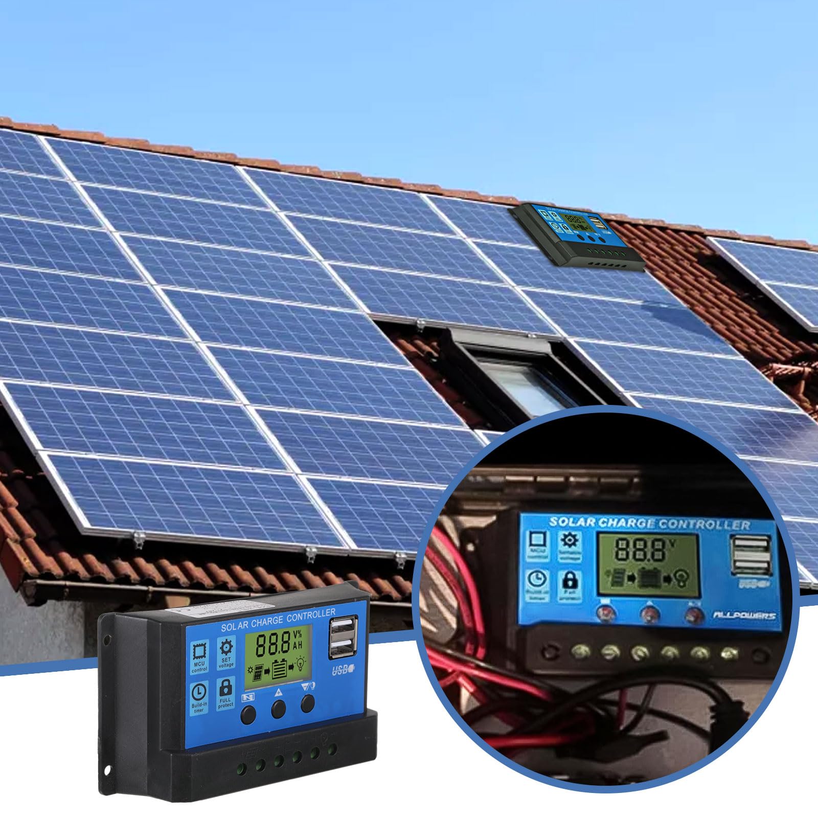 SolaMr 30A Solar Charge Controller 12V/24V zonnepaneel batterij laadregelaar met LCD display en dubbele USB-poort - 30A