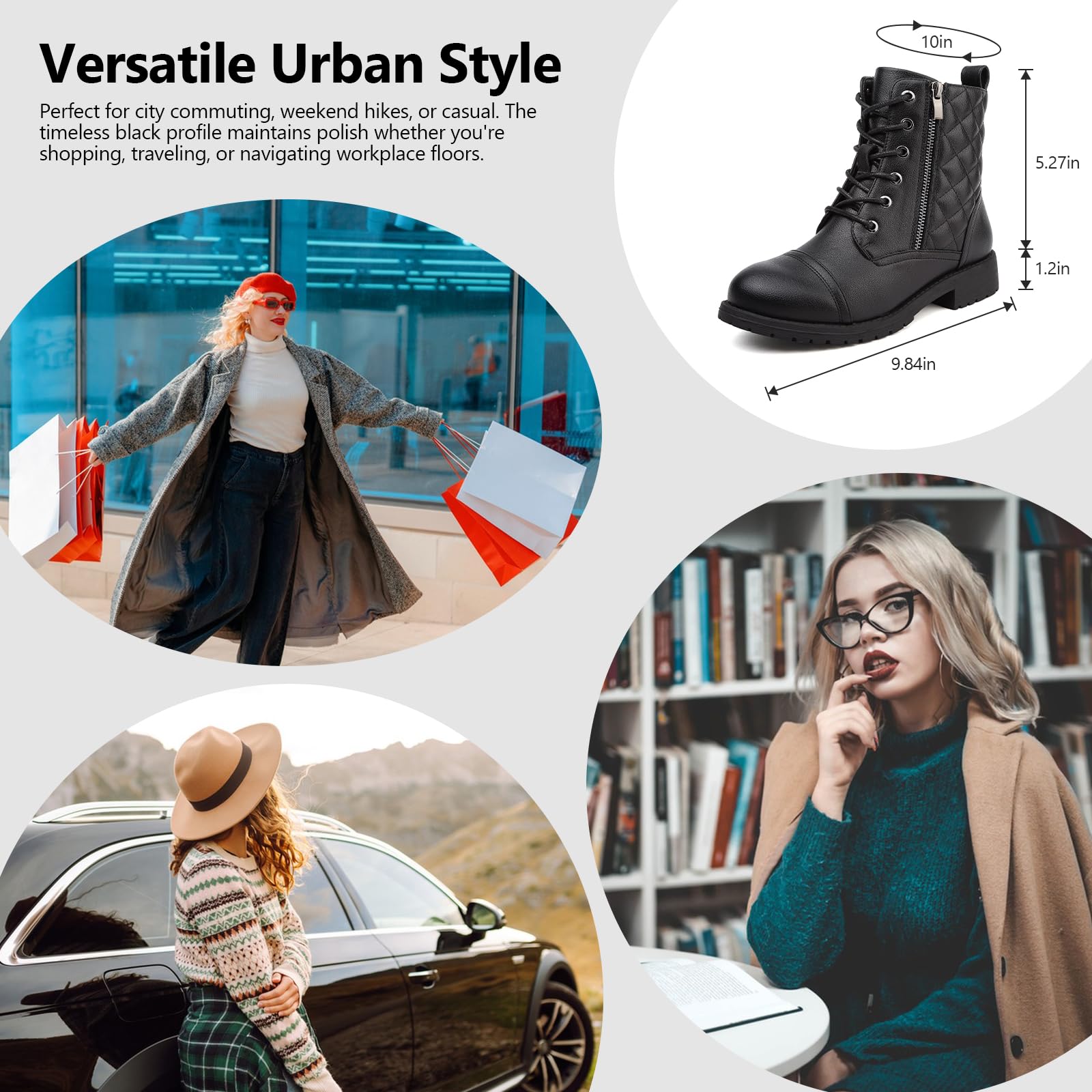 Maxome Stiefeletten für Damen, wasserdicht, Kampfstiefel, schwarz, Schnürstiefel, seitlicher Reißverschluss, niedriger Absatz, Booties