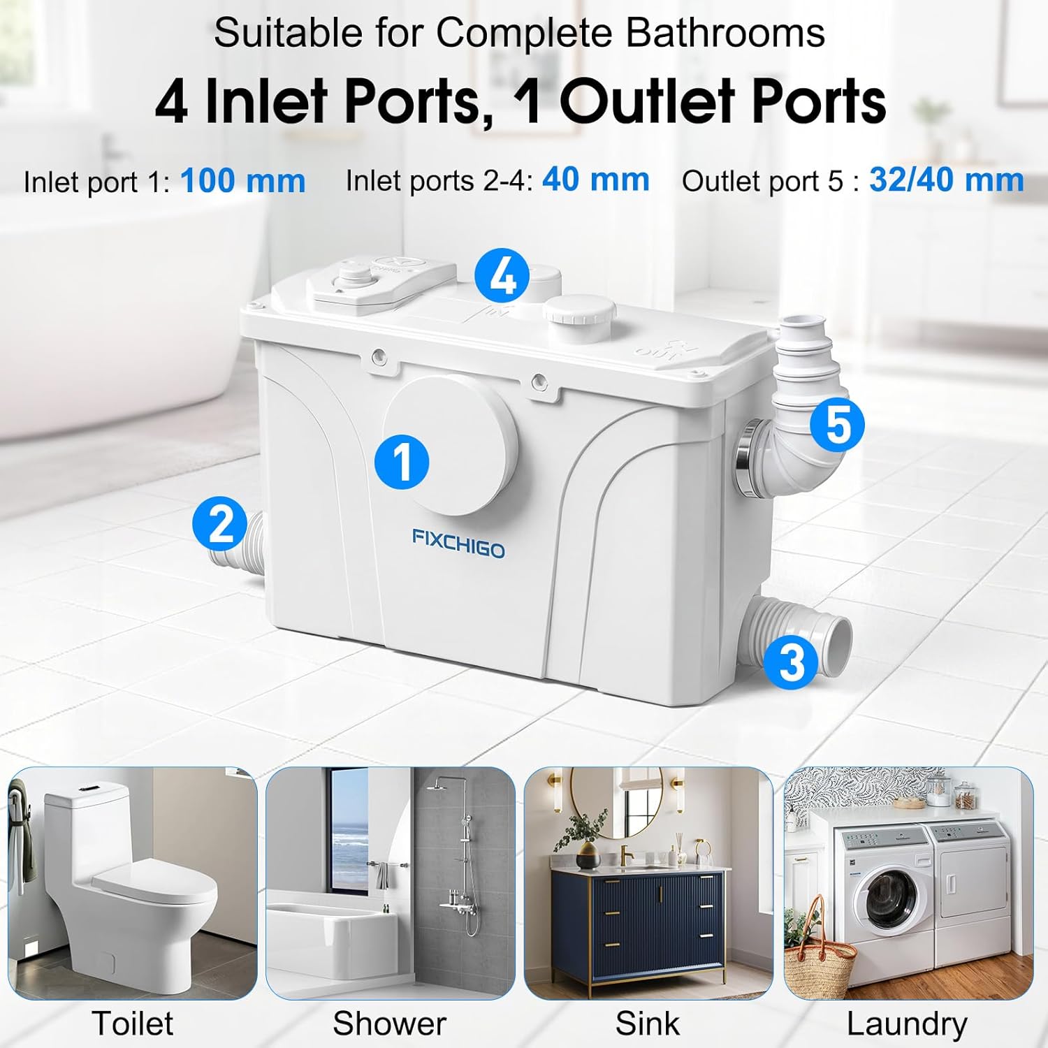 800W Macerator Pump, Macerating Toilet System with 4 Inlets/1 Outlets, 48 GPM Flow, 29.5 FT Head, PCB Smart Control Sewage Pump for Basement, Sink, Toilet, Laundry, Kitchen