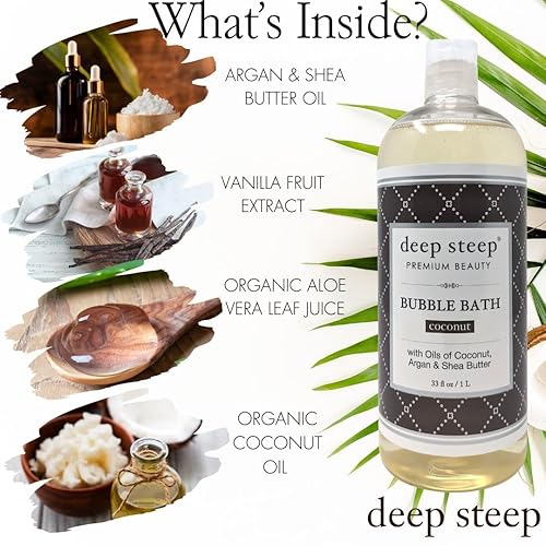 Miniatura 4 de Deep Steep Espuma de baño de burbujas de coco litro premium con karité y argán, 33.8 onzas líquidas