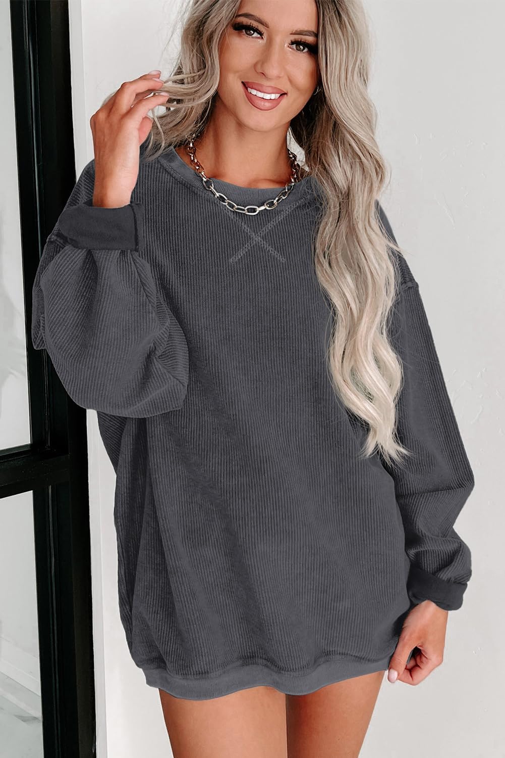 Womens Sweatshirts Casual Cored Corduroy Pullover Tops Oversized Long Sleeve Crewneck Shirts - Image 3