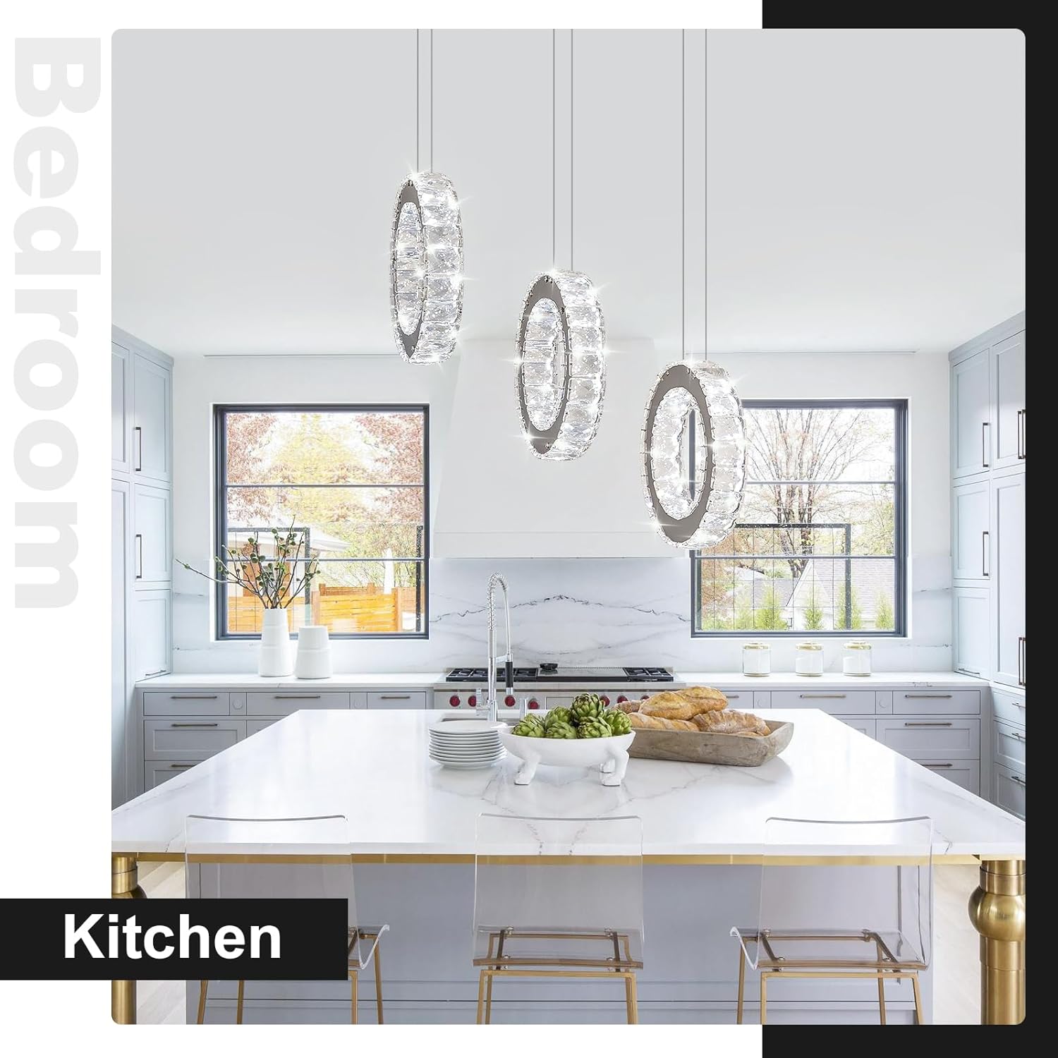 Buccleuch 3-Ring Crystal Chandelier, 9.84" Ring Diameter Dimmable LED Pendant Light, UL-Certified Stainless Steel K9 Crystal Ceiling Light for Dining Room, Living Room, Bedroom, 6500K 4400lm