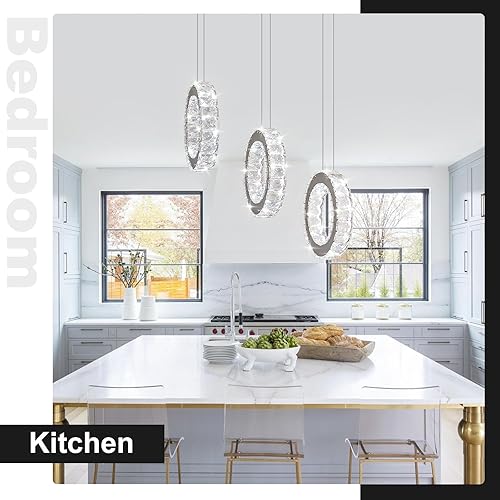 Miniatura 6 de Buccleuch Candelabro de cristal de 3 anillos, lámpara colgante LED regulable, luz colgante ajustable de acero inoxidable, candelabros de cristal