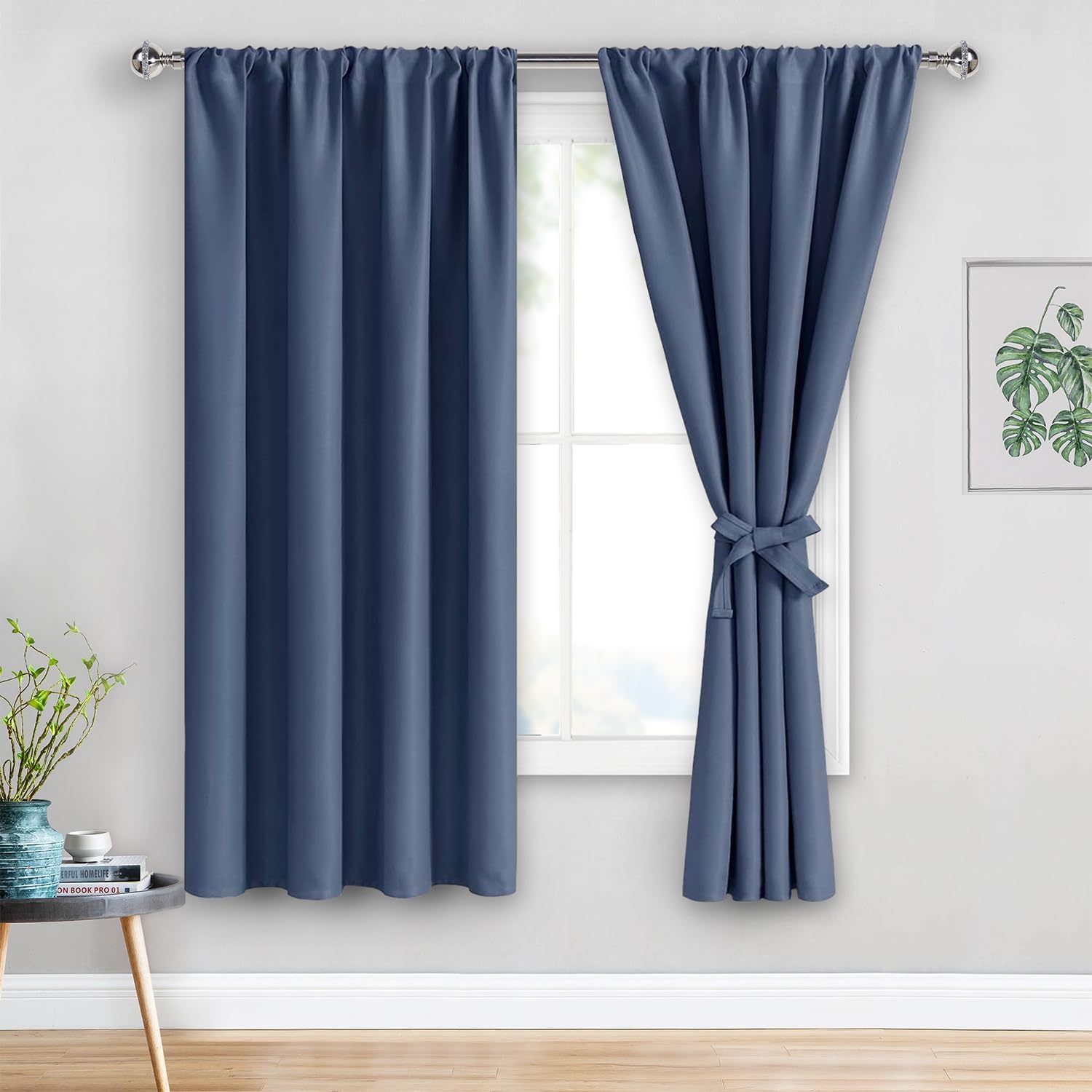 JIUZHEN Blackout Curtains for Bedroom Thermal Insulated,Noise Reducing Room Darkening Rod Pocket Curtains for Living Room, Set of 2 Panels with Tiebacks, 42 x 63 inch Long, Dusty Blue