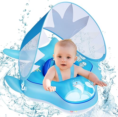 Baby Pool Float - Infant Inflatable Swimming Floaties with UPF50+ Sun Canopy - Bottom Support and Anti-Flip Tail for Safer Swim for Newborn Age 3-36