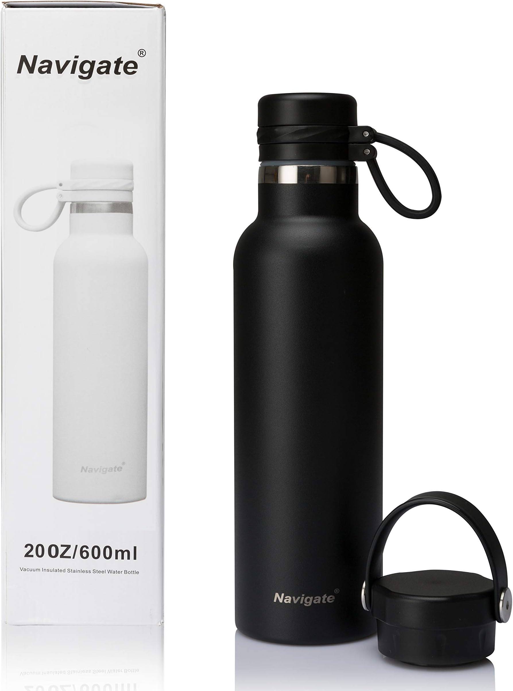 20 oz Sports Water Bottle with 2 Lids, Standard Mouth, Handle & Spout Lids, Premium Stainless Steel Double Walled Vacuum Insulated Water Flask Travel Sports Metal Mug,