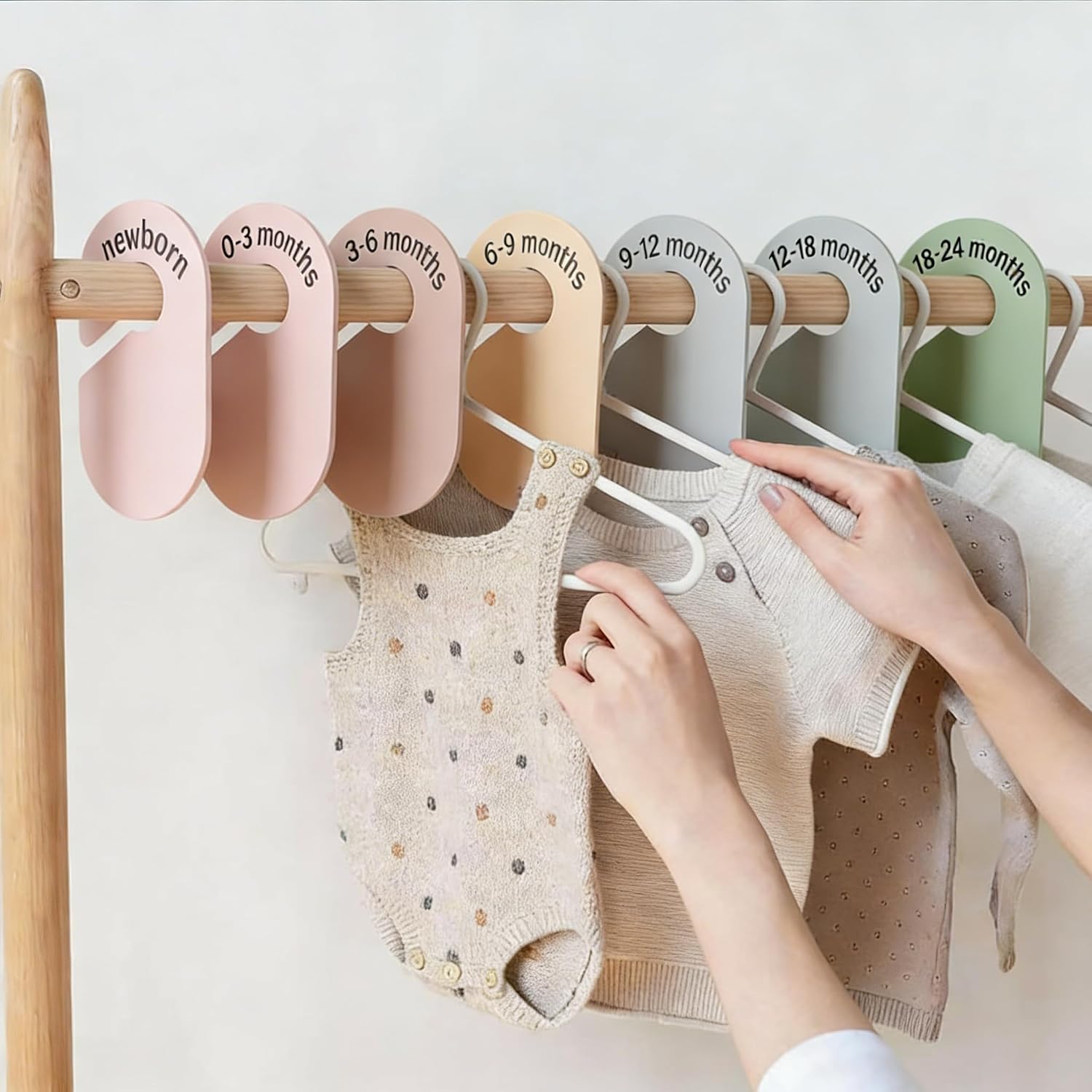 Boho Baby Closet Dividers, Set of 8 Beige Nursery Closet Organizers, Double-Sided Minimalist Bohemian Decor, Baby Clothes Dividers & Hanger Tags for Newborn to 24 Months