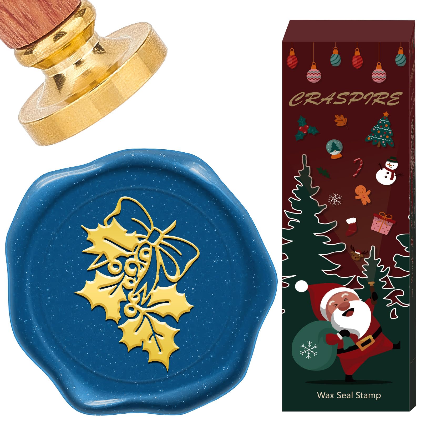 CRASPIRE Holly Leaves Wax Seal Stamp Winter Christmas New Year Plants 25mm Retro Vintage Removable Brass Stamp Head with Wood Handle Sealing Stamper for Party Envelopes Letter Invitations Card Packing