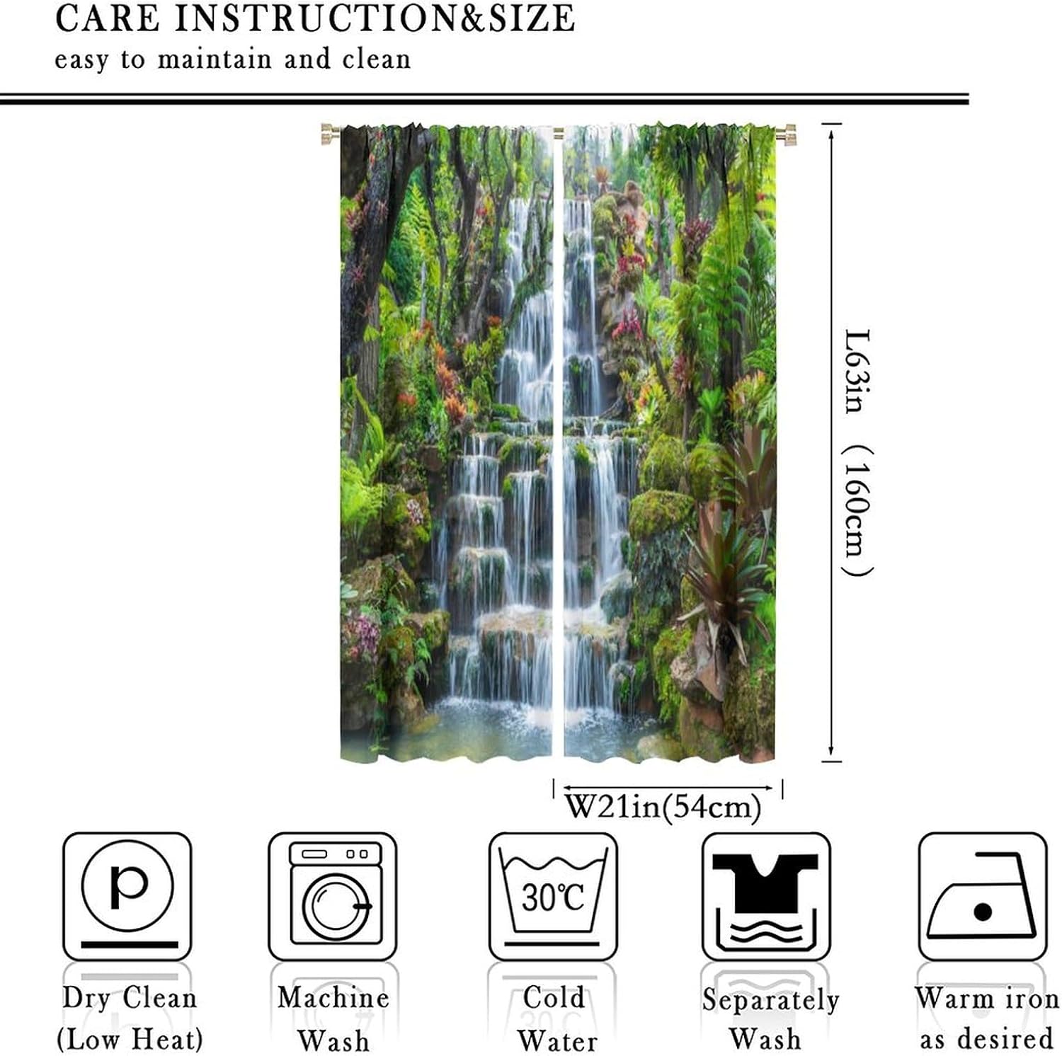Waterfall Curtains，Spring Nature Theme Pink Red Floral Forest Landscape Scenery Pattern Waterproof Fabric Rod Pocket Window Drapes for Bedroom Living Room Cafe Set 2 Panels,42x63 Inches