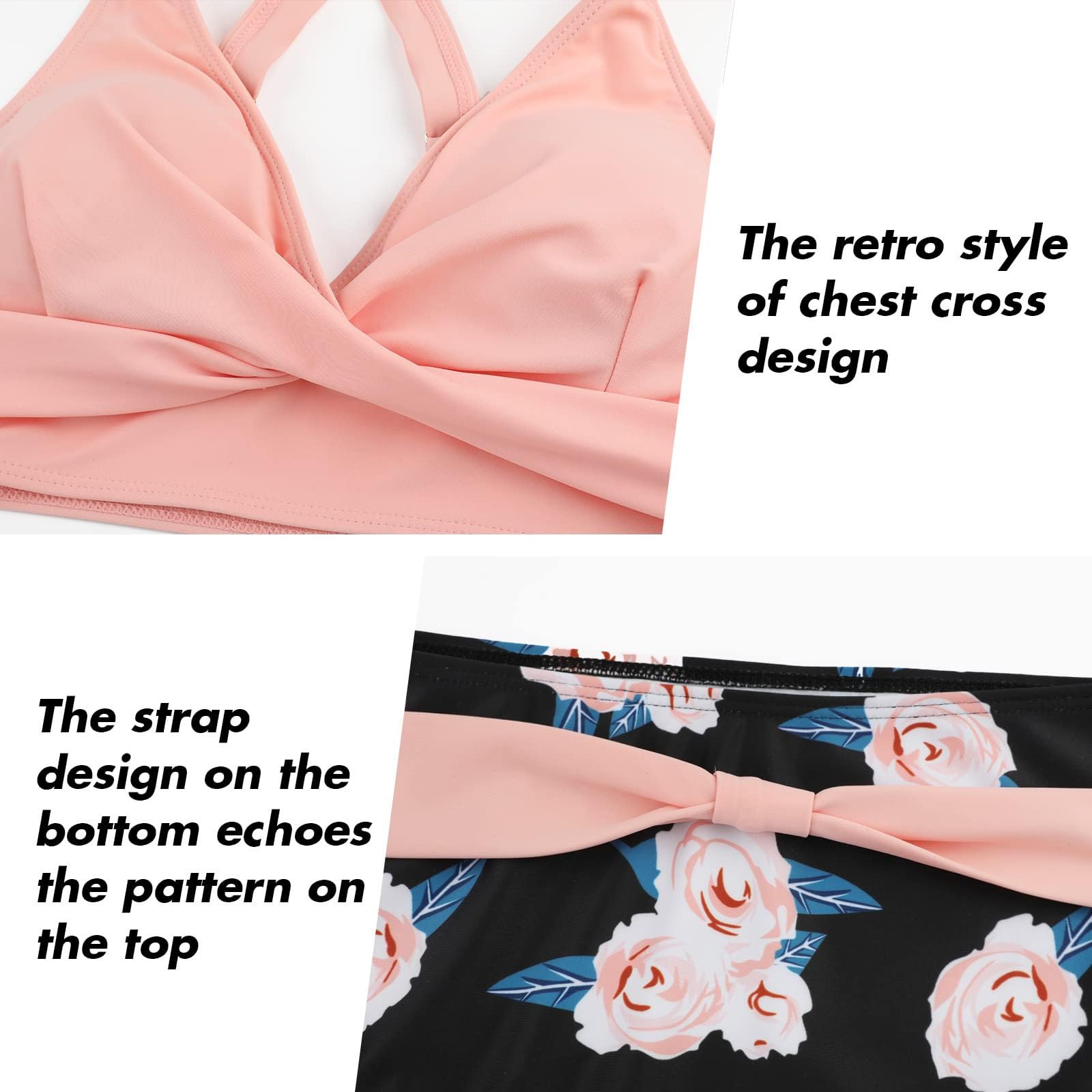 Generisch Bikini pour femme - Maillot de bain - Maillot de bain 2 pièces avec haut push-up - Maillot de bain deux pièces avec imprimé froncé, Rose, M
