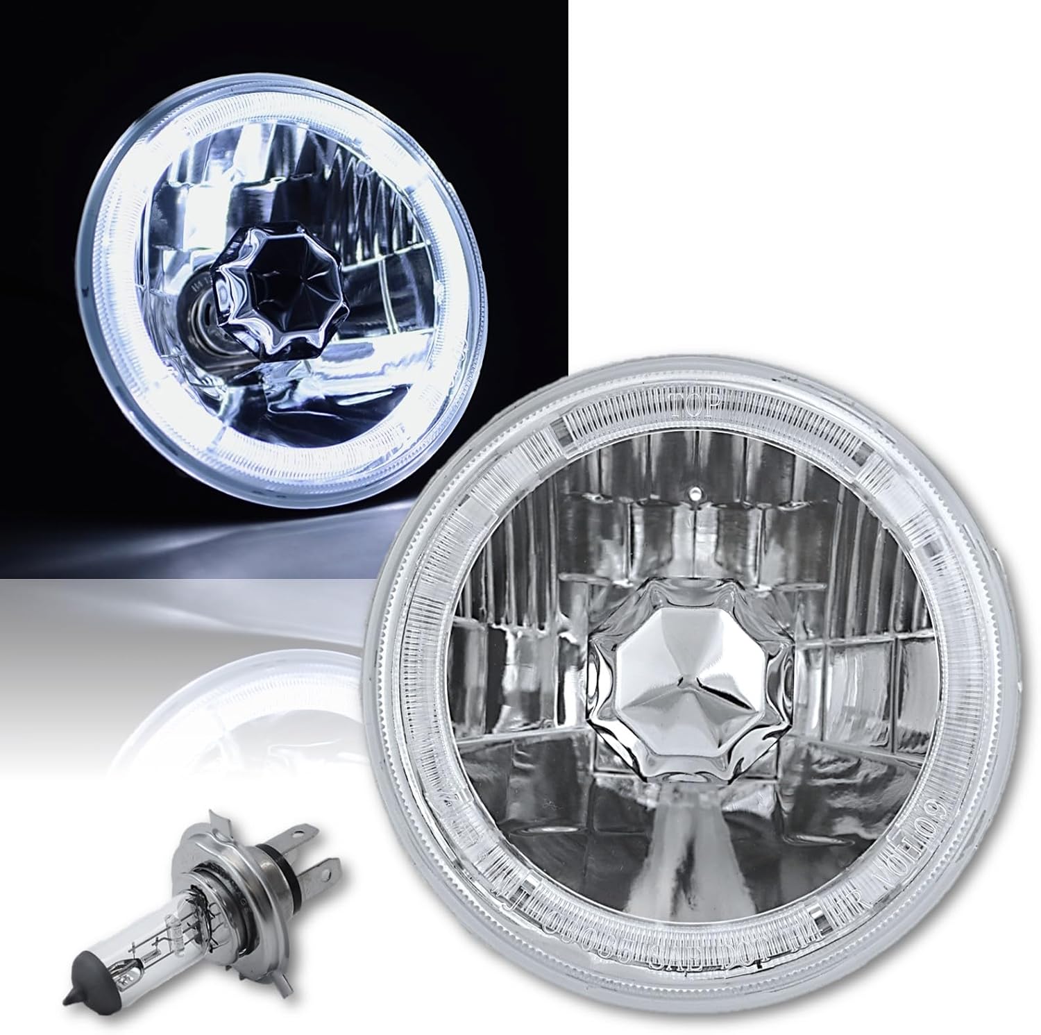 Octane Lighting 5-3/4" H5006 H5001 White Halo Halogen H4 Bulb Crystal Clear Headlight Angel Eye