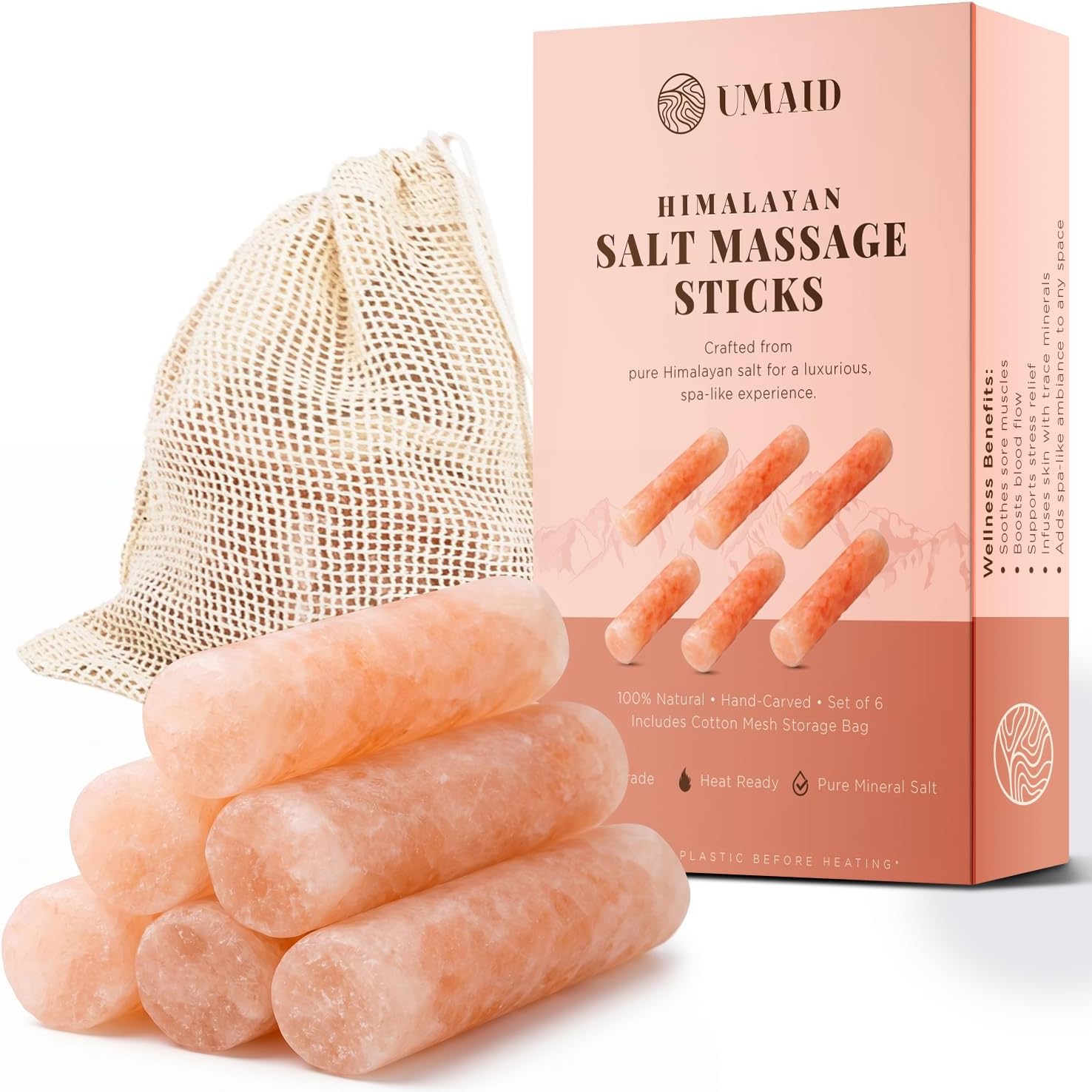 UMAID Himalayan Salt Massage Sticks 6-Pack – Pink Himalayan Spa Stones with Cotton Mesh Bag for Massage Therapy, Self-Care, Meditation & Wellness – Bath Salt Deodorant –Spa Gifts for Men & Women