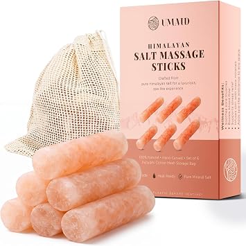UMAID Himalayan Salt Massage Sticks 6-Pack Pink Himalayan Spa Stones with Cotton Mesh Bag for Massage Therapy, Self-Care, Meditation & Wellness Bath Salt Deodorant Spa Gifts for Men & Women