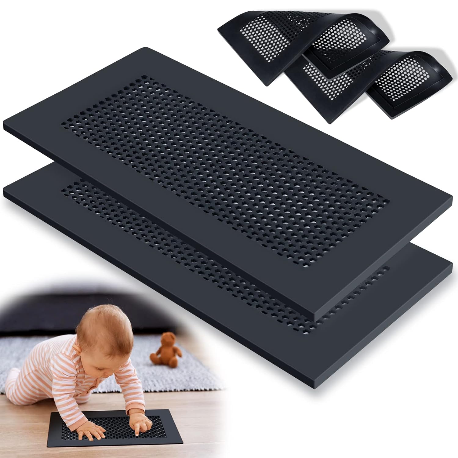 Orzbow Baby Proof Silicone Vent Covers for Floor/Wall/Ceiling Registers 5.3-5.9" x 11.3-11.9", Child-Safe, Easy Install Black 2-Pack