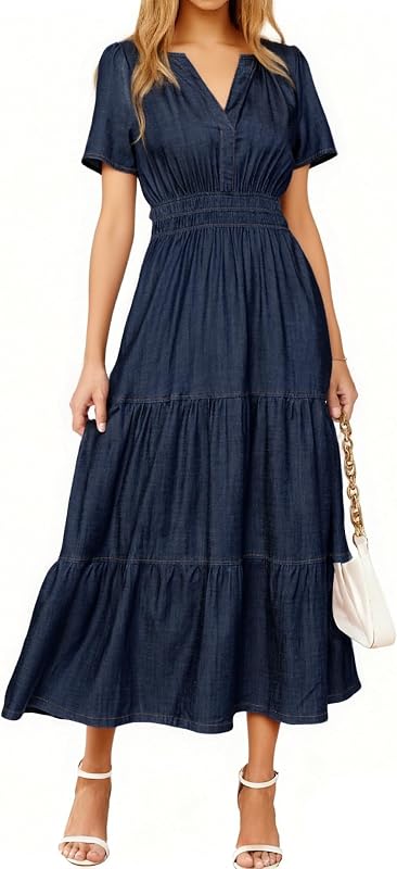 Simplee Womens Summer Denim Dress Casual Short Sleeve V Neck Empire Waist Boho Flowy Western Jean Maxi Dresses with Pockets