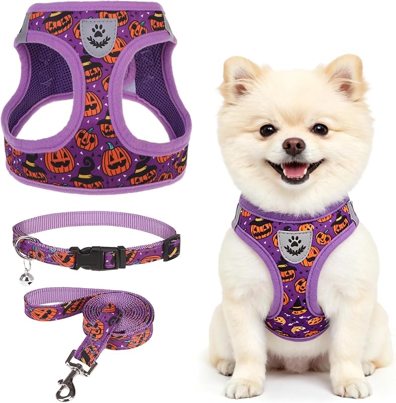 Peitoral Vest para Cães Pequenos com Coleira e Guia, Estampa de Halloween SCENEREAL – Tamanho S