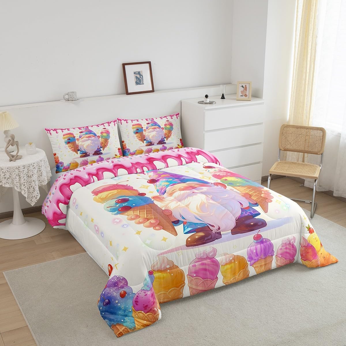 Castle Fairy Ice Cream Gnome Comforter Queen,Watercolor Summer Cream Fruits Quilt Comforter with 2 Pillowcases,Sweet Dessert Colorful Stars Bedding Set Comfortable,Soft and Breathable
