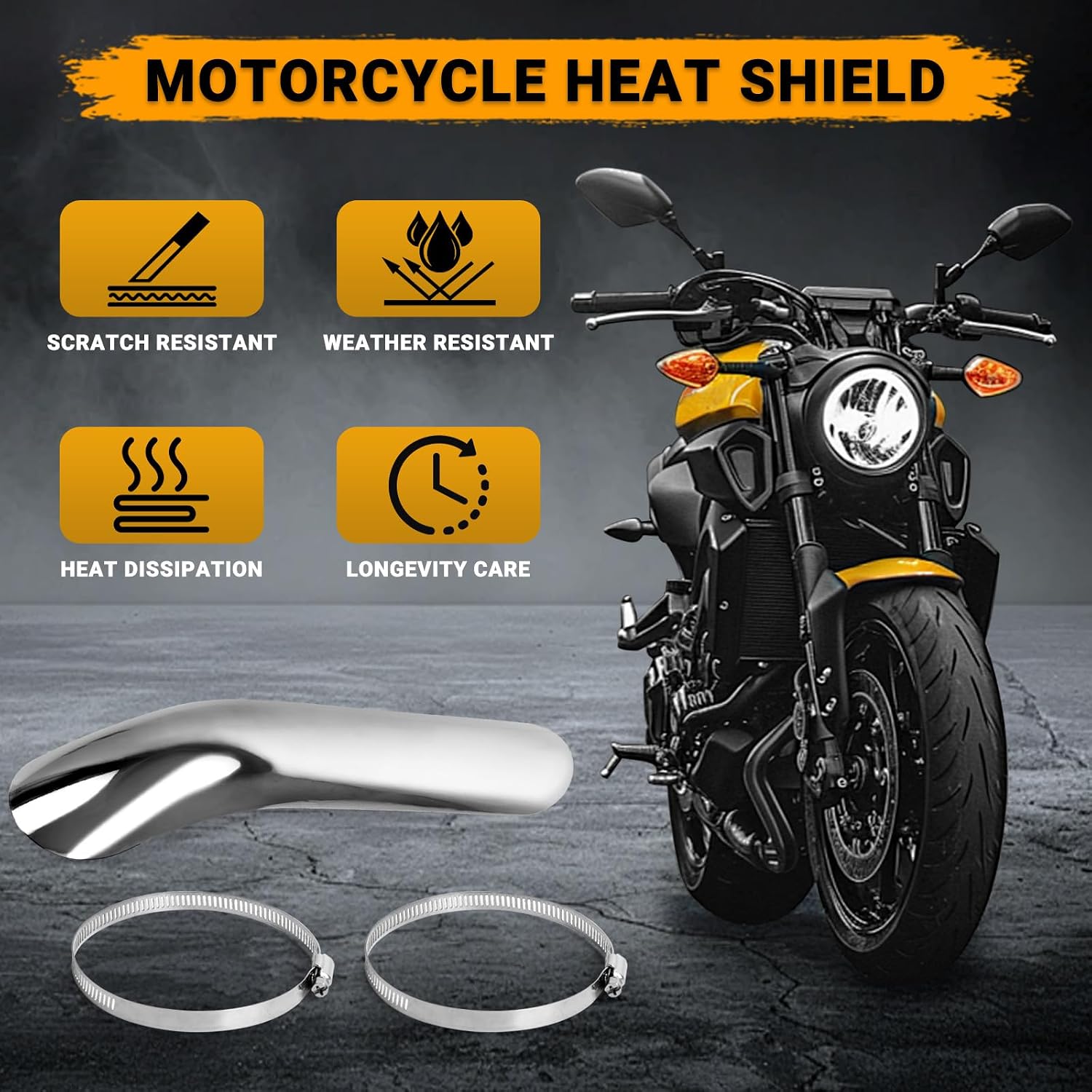 Universal Motorcycle Exhaust Heat Shield, Bent Metal Shield Exhaust Guard with 90-110mm Clamps (Silver)