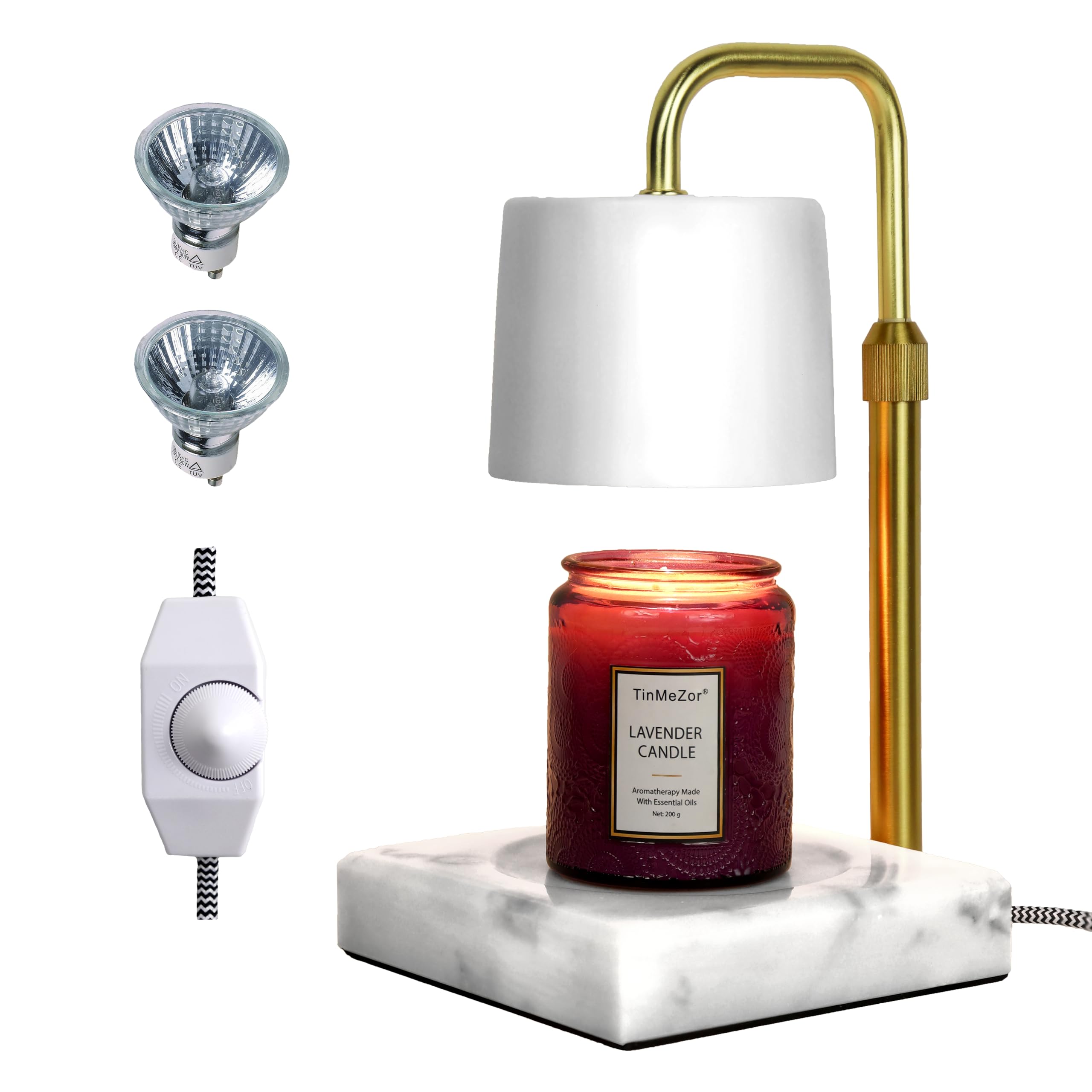 Candle Warmer Lamp, Electric Candle Lamp Warmer with Dimmer, Bedroom Home Decor Marble Base Dimmable Vintage Wax Melt Warmer for Scented Wax with 2*50W Bulbs, Aromatherapy Gifts Spa Office (White)