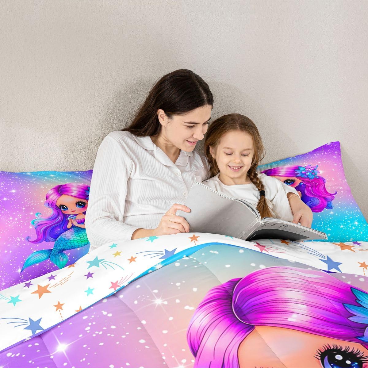 Feelyou Mermaid Kids Comforter Set Twin Size Princess Decor Bedding Set Glitter Rainbow Duvet Quilt for Kids Boys Girls Bedroom Ocean Life Sea Animal Decor Microfiber Ultra Soft Breathable