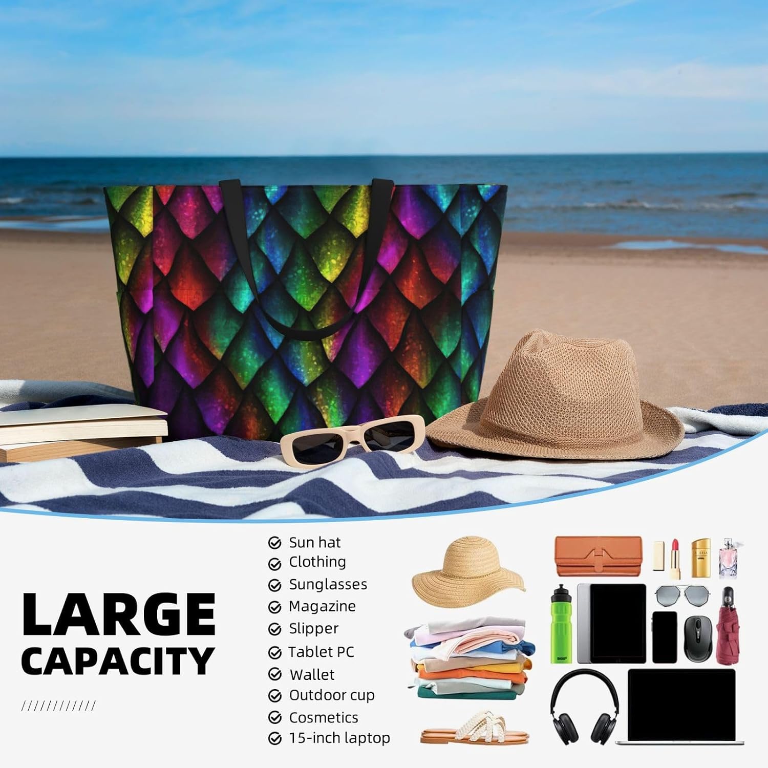 Dragon Scale Print Large Capacity Beach Travel Bags with Zipper and Pockets for Travel Vacation Fitness
