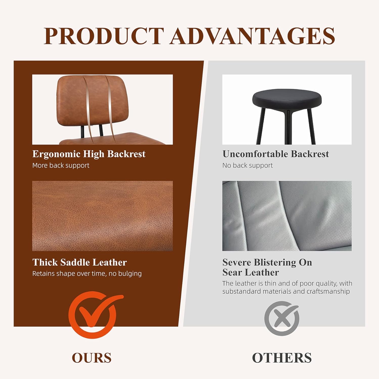 Bar Stools Set of 2, Modern Counter Height Barstools, Armless Island/Bar Chairs for Kitchen Counter, with Faux Leather, Ergonomic Backrest, Thickened Metal Legs and Footrest (26 Inch, Brown)