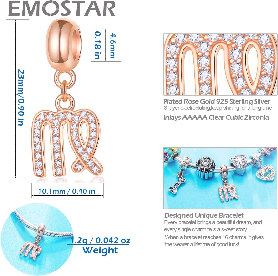 EMOSTAR Zodiac Sign Charms fits European Charm Bracelet – Rose Gold 925 Sterling Silver Necklace Pendant, 12 Horoscope Constellation Dangle CZ Birthstone Beads, Gifts for Women/Men/Birthday image 4