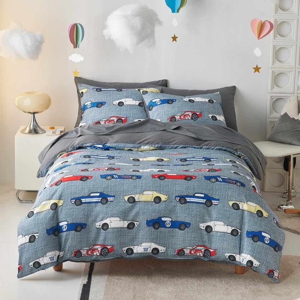 Wake In Cloud - Race Car Bedding Set for Boys, Cute Colorful Sports Car Supercar Wheels Comforter Set with Sheets, 5 Pieces Kids Bed in a Bag, Gray, Twin Size