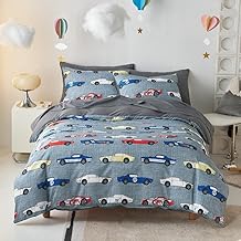 Wake In Cloud - Race Car Bedding Set for Boys, Cute Colorful Sports Car Supercar Wheels Comforter Set with Sheets, 5 Pieces Kids Bed in a Bag, Gray, Twin Size