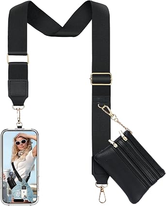 TiMOVO Clip and Go Phone Strap Crossbody with Leather Wallet, Adjustable Anti-Theft Lanyard with Pouch for Most Phone Case