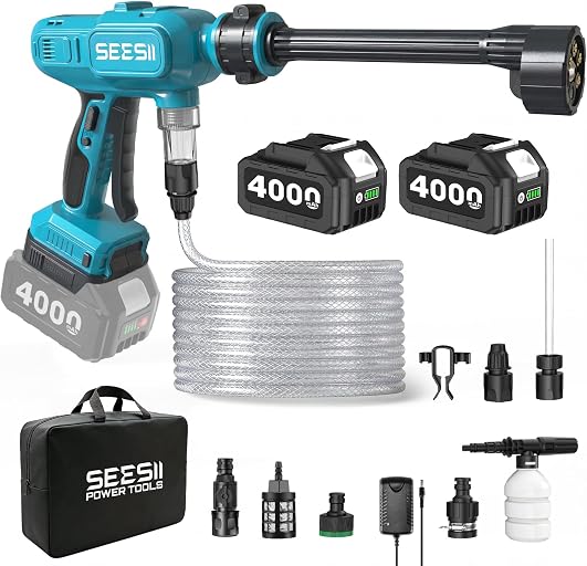 SEESII Cordless Pressure Washer 1250PSI, Portable Power Washer | High Pressure, 2x4000mAh Batteries, Brushless Motor, 27FT Hose & 6-in-1 Nozzle for Car, Driveway, Garden, Patio & Fence