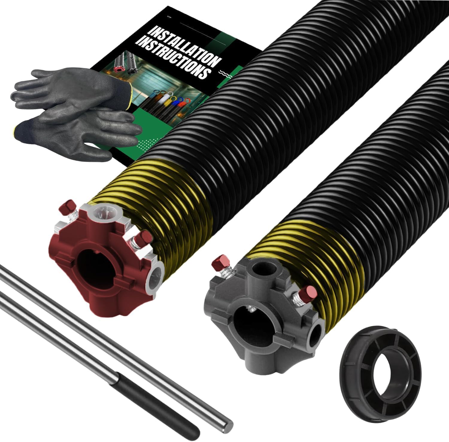 Garage Door Torsion Spring Set 1.75" (Red Cone) 250x1.75x33 – Heavy-Duty E-Coated Replacement with 1" Nylon Bushing, Non-Slip Winding Bars & Safety Gloves | Up to 40,000 Cycles | 5 Year Warranty