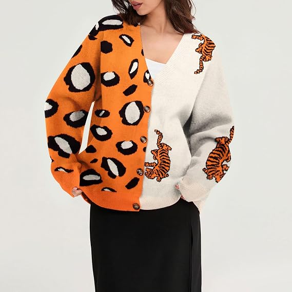 Leopard Tiger Print Cardigan Women: Color Block V Neck Sweater Long Sleeve Animal Print Outfits for Women